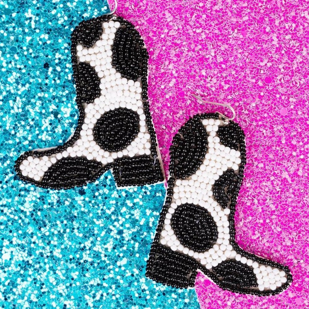 ICON Cow Print Cowboy Boot Seed Bead Pierced Earrings NWT